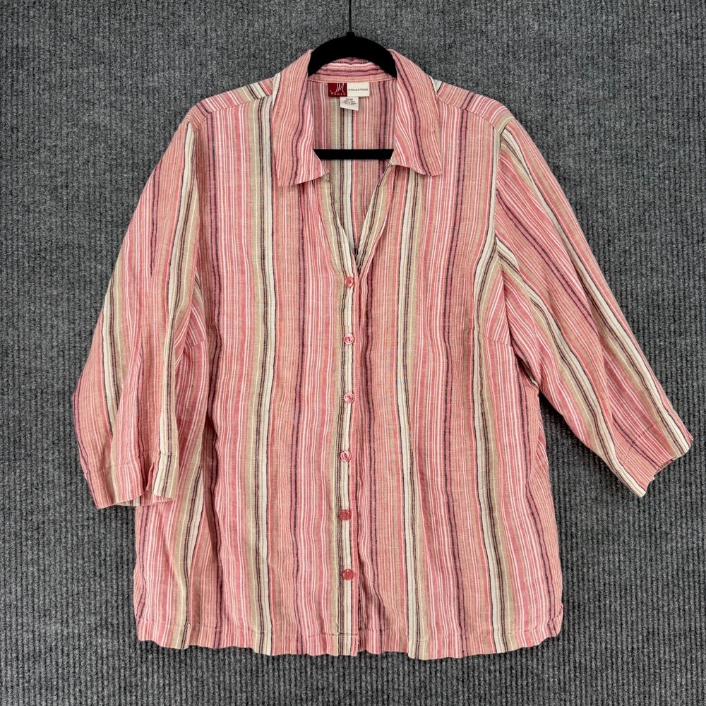 JM Collection 100% linen striped button shirt womens 20W 2X plus coastal euro